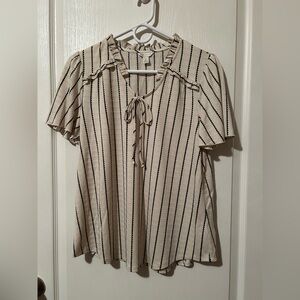 Cato Cream Blouse with Black Stripes and Tie-Neck